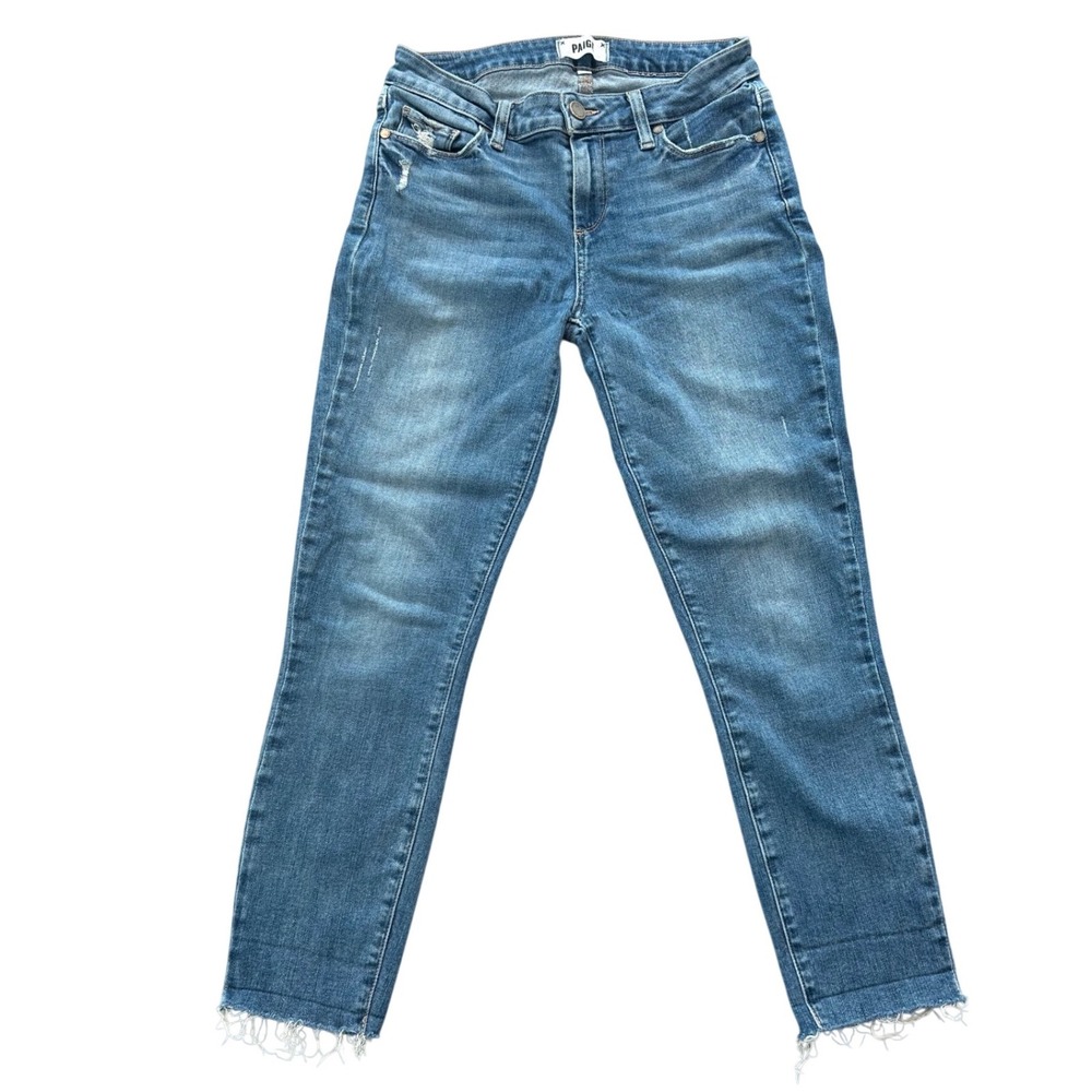 Paige Verdugo Crop Jeans Blue Stretch Denim Wash Raw Hem Cuff Size 28